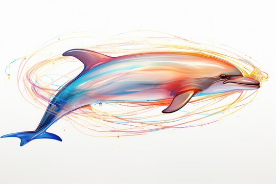  a painting of a dolphin with colorful swirls on it's body and a fish in it's mouth.