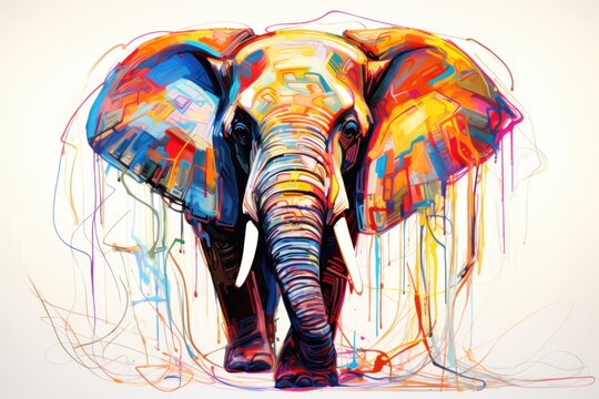 a painting of an elephant with paint splatters all over it's face and trunk, with a white background.