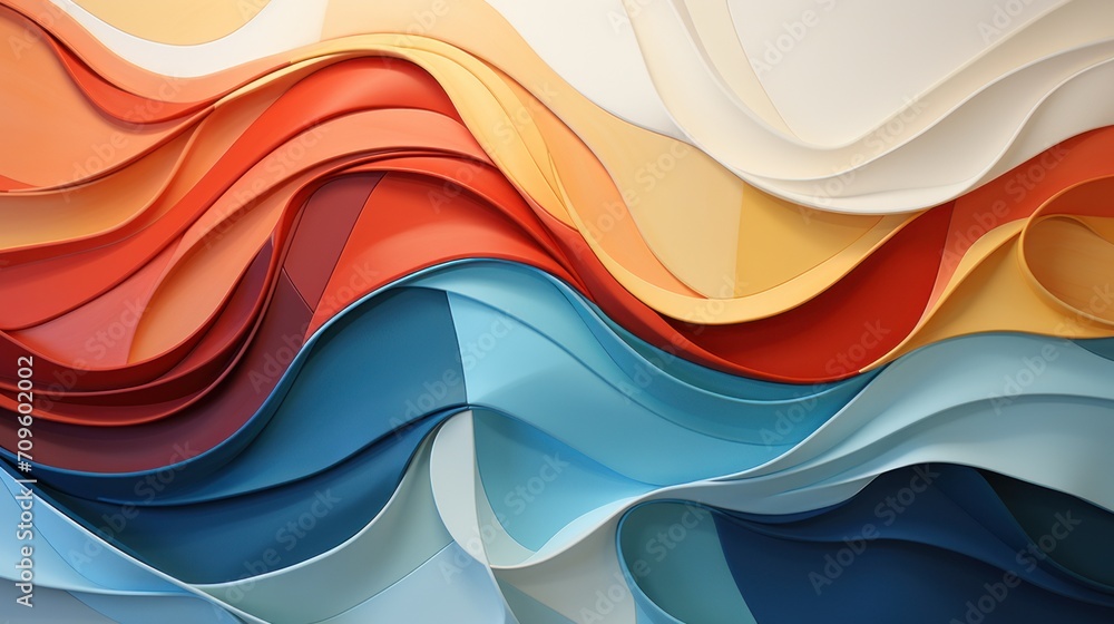 Poster a close up of a multicolored wallpaper with wavy lines in the form of waves on a blue, yellow, red, 
