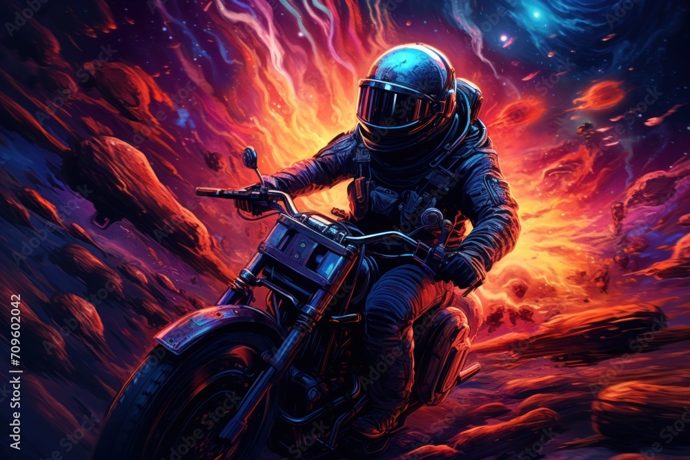 Poster a man riding on the back of a motorcycle in front of a sky filled with lava and stars with lava in t