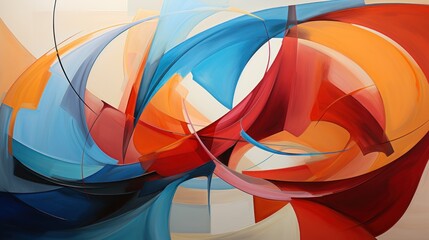  an abstract painting of a red, blue, and orange swirl on a white background with a light reflection on the bottom half of the painting.