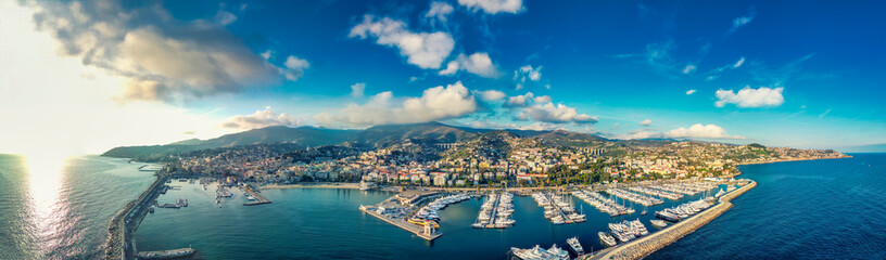 Sanremo, Italy. Aerial view of city port and skyline