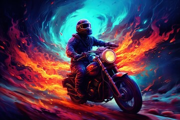 Obraz na płótnie Canvas a man riding on the back of a motorcycle in front of a fire and blue sky with a ring of fire behind him.