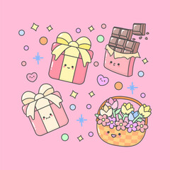 Vector Valentine Flower Chocolate Gift with cute facial expressions and pastel colour