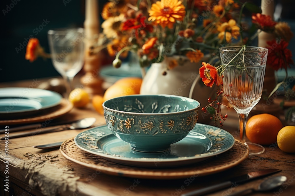 Poster a close up of a plate with a bowl on it and a vase of flowers in the background with oranges and lem
