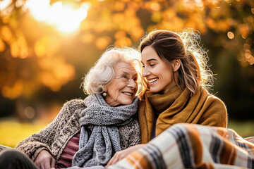 Fototapeta premium A heartwarming portrait of a grandmother and granddaughter sharing a loving moment together in an autumn park at sunset.