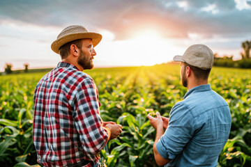 Two farmers in hats discussing the growth of crops in a field at sunset, showcasing rural agricultural life.