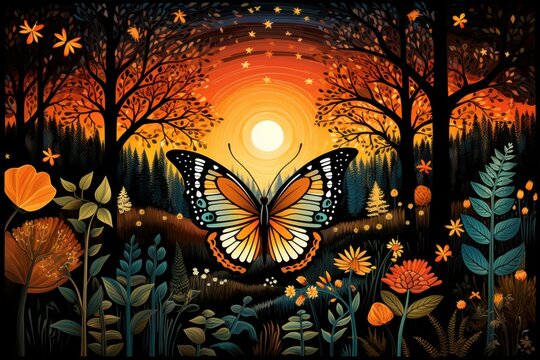  a painting of a butterfly flying over a forest filled with flowers and trees at night with the sun in the background.