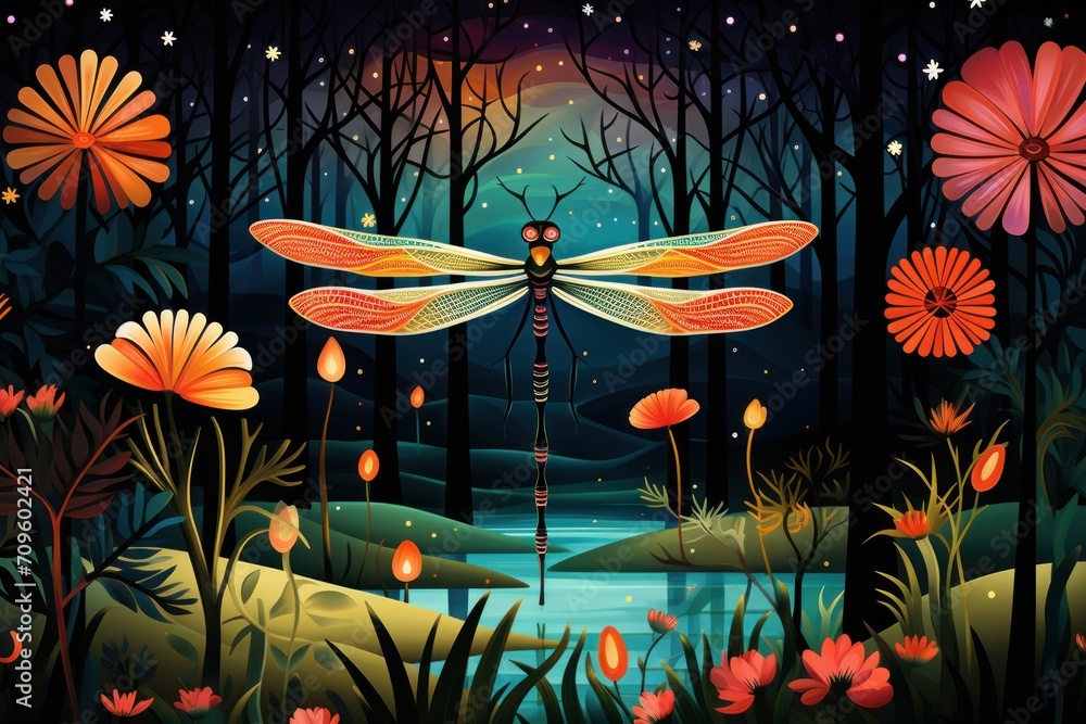 Aufkleber a painting of a dragonfly sitting on top of a tree branch in the middle of a forest filled with flow