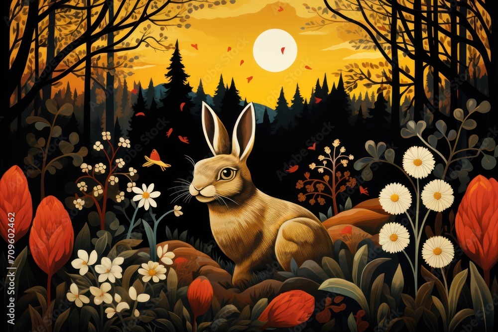 Poster a painting of a rabbit sitting in the middle of a forest with flowers and trees in front of a settin