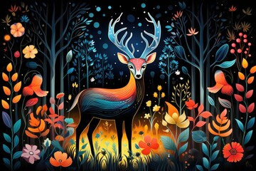  a painting of a deer standing in the middle of a forest filled with flowers and plants, surrounded by trees and flowers.