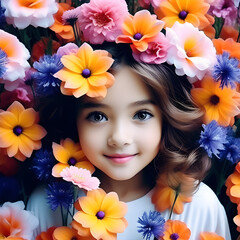 꽃과 사람, 꽃으로 장식된 사람, 꽃 헤어, 아름다운, 귀여운, 여자 아이, 주황색, 파란색, 분홍색, 흰색 꽃 