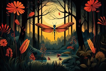  a painting of a dragonfly flying over a river in a forest with flowers and a full moon in the background.