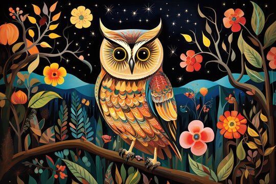  a painting of an owl sitting on a tree branch in a forest with flowers and stars in the night sky.