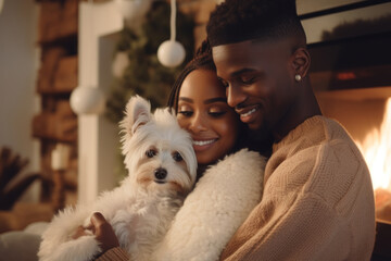 Beautiful African-American couple in white sweaters cuddles with a dog while sitting in front of the fireplace.