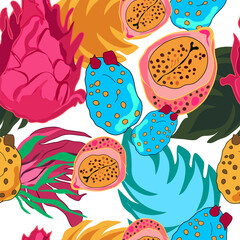 pitaya, tropical fruits with colorful leaves seamless pattern. Suitable for tiles, fabric, textile and more.