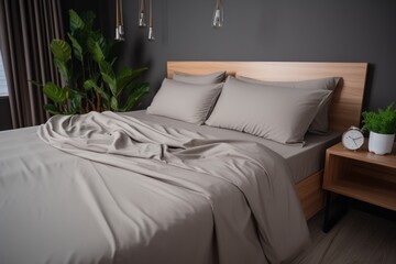  a bed with a blanket and pillows in a room with a potted plant on the side of the bed.