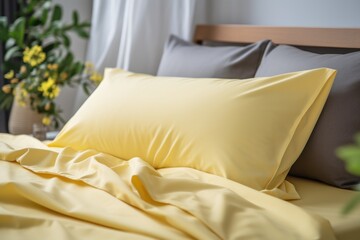  a close up of a bed with yellow sheets and a plant in a vase on the side of the bed.