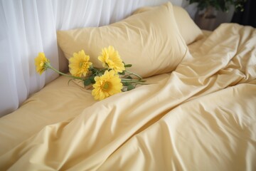  a bed with a bunch of yellow flowers on top of it and a vase of flowers on the side of the bed.
