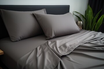 a close up of a bed with two pillows and a plant in a room with white walls and a black headboard.