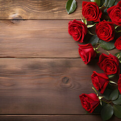 Red roses flowers with red hearts on old wooden background with place for text. Romantic Valentines holidays concept. Valentine's day greeting card. Copy space. Top view. Generative AI