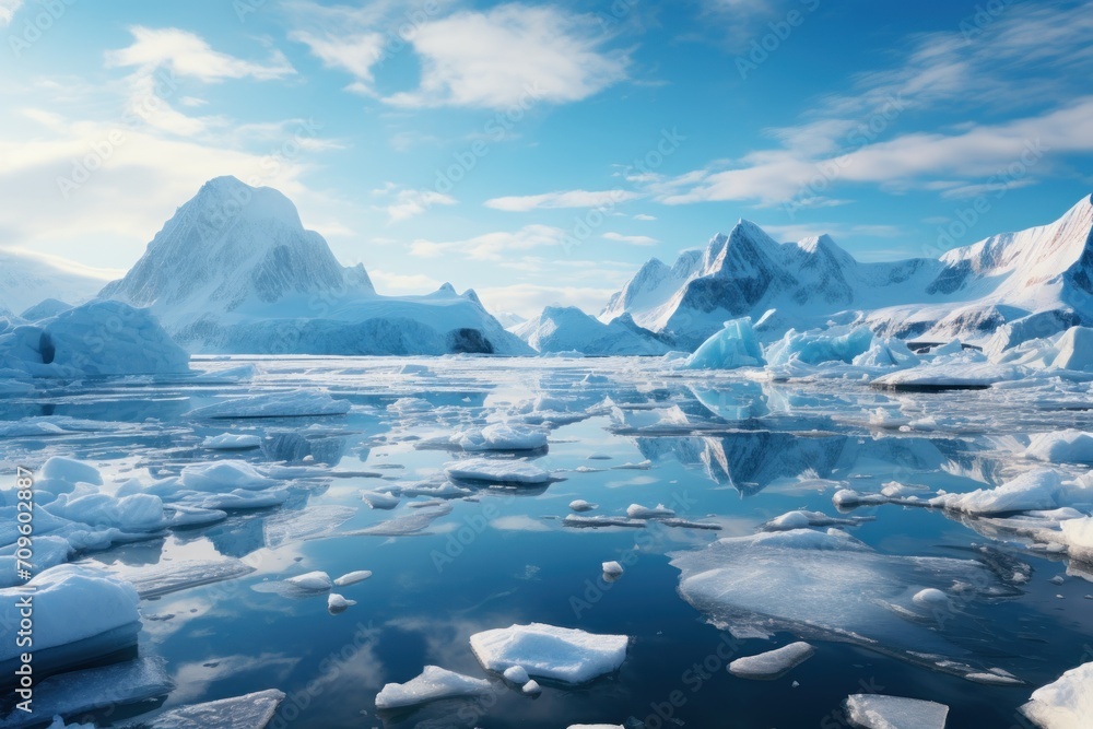 Poster a group of icebergs floating on top of a body of water with icebergs in the background.