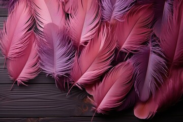  a pile of pink and purple feathers on top of a wooden table with a cell phone in front of it.