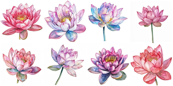 Set of watercolor lotus flower illustration isolated on white background