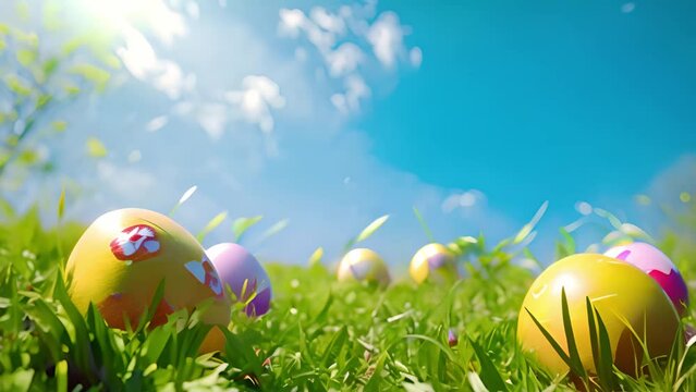 Happy Easter holidays background, decorated eggs on green grass under blue cloudy sky. Eggs hunting on lawn, Easter games on green field with grass moving in the wind with copy space. Happy Easter Hol