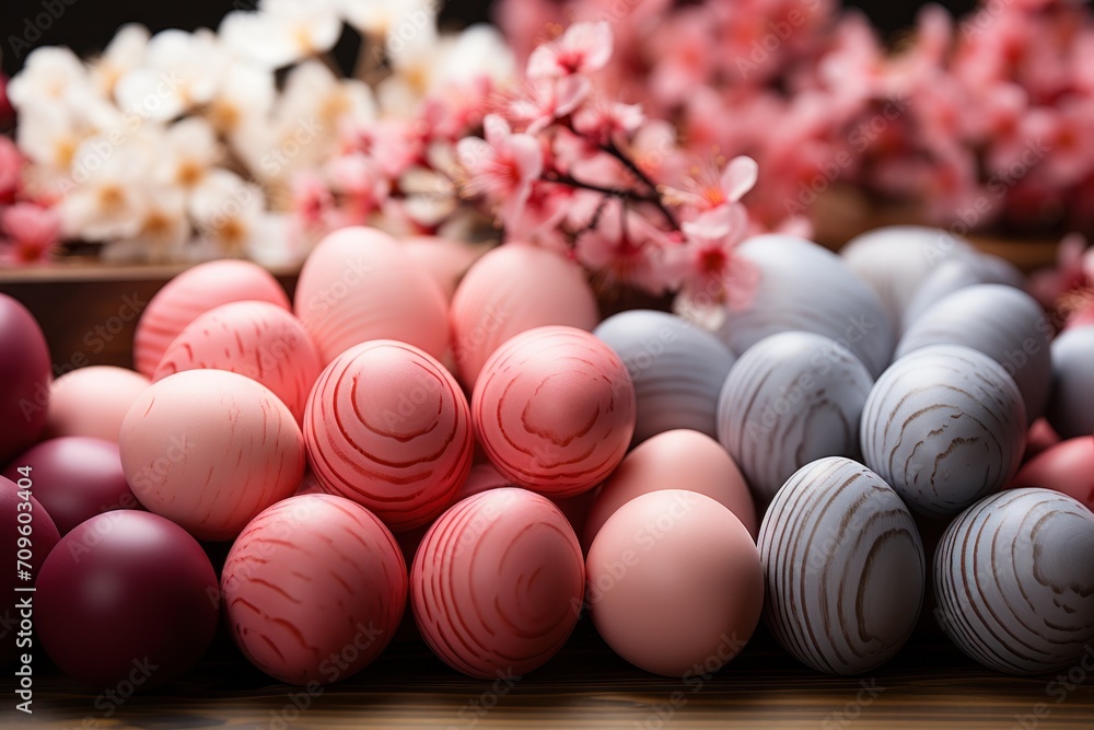 Poster a close up of a bunch of different colored eggs in front of a tree with pink flowers in the backgrou