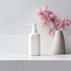 Obraz na płótnie Canvas White cosmetics pump bottle mockup on a minimal background with pink flowers, Generative AI