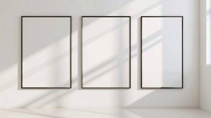 Three blank picture frames hang on a light wall, with the play of light and shadow creating a minimalist and modern art display mockup