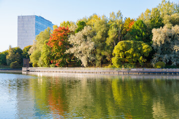 The captivating view of the pond of the autumn city park impresses with its beauty and tranquility