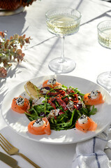 Salad with Salmon, Arugula and Sun-Dried Tomatoes, Fresh Salad, Appetizer