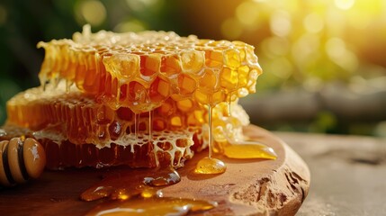 Fresh honeycomb pieces with dripping honey represent natural sweetness and the labor of bees in producing honey