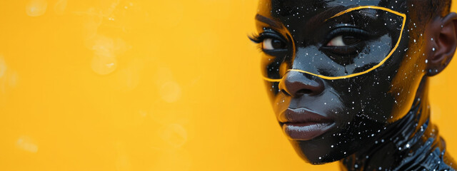 Splashes of Indomitable Artistry, An Ethereal Vision of a Woman Adorned With Mesmerizing Black and Yellow Face Paint - obrazy, fototapety, plakaty