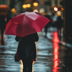a lady walking in the rain with a red umbrella
