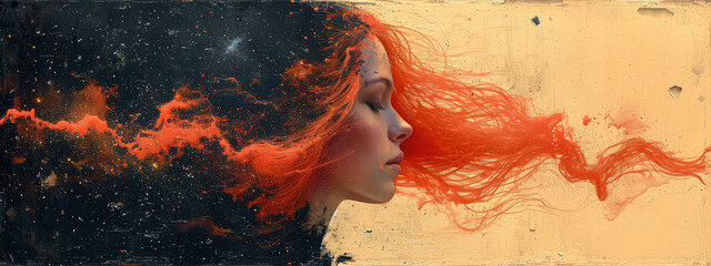Crimson Fiery Elegance, A Captivating Portrait Depicting a Woman With Lustrous Red Tresses