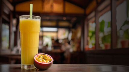 A glass of passion fruit juice in a restaurant