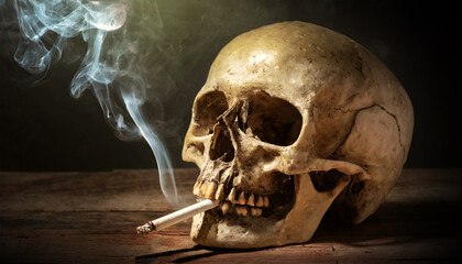 Closeup of a Human Skull Smoking a Cigarette on a wooden table with dark background. Anti smoking campaign concept. Generative Ai.