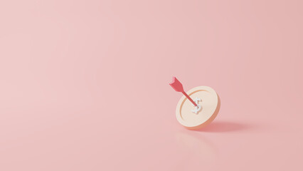 Arrow hit the center of target money coin on pink pastel background. Business finance target concept.3d render success of the arrow bow to the target. Marketing time concept. 3d rendering. Minimal - obrazy, fototapety, plakaty