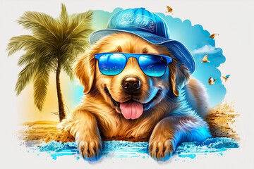 Golden Retriever Puppy Dog Character Is Lying On The Beach And Wearing A Cool Blue Cap And Sunglasses - Generative AI - obrazy, fototapety, plakaty