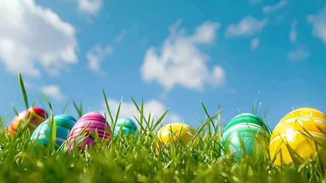 Happy Easter holidays background, decorated eggs on green grass under blue cloudy sky. Eggs hunting on lawn, Easter games on green field with grass moving in the wind with copy space. Happy Easter Hol