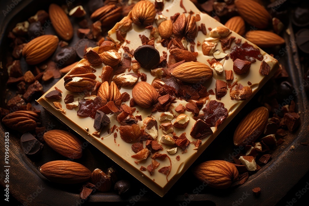 Poster a close up of a plate of food with almonds and a chocolate bar with nuts on top of it.