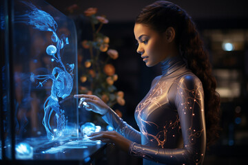 young woman dressed in blue futuristic dress, touching a living tissue in a glass aquarium - Powered by Adobe