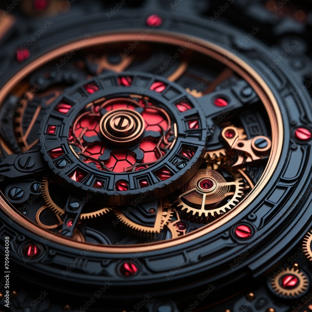 Poster a close up of a clock face with a red and black clock face on it's face and a red and black clock fa