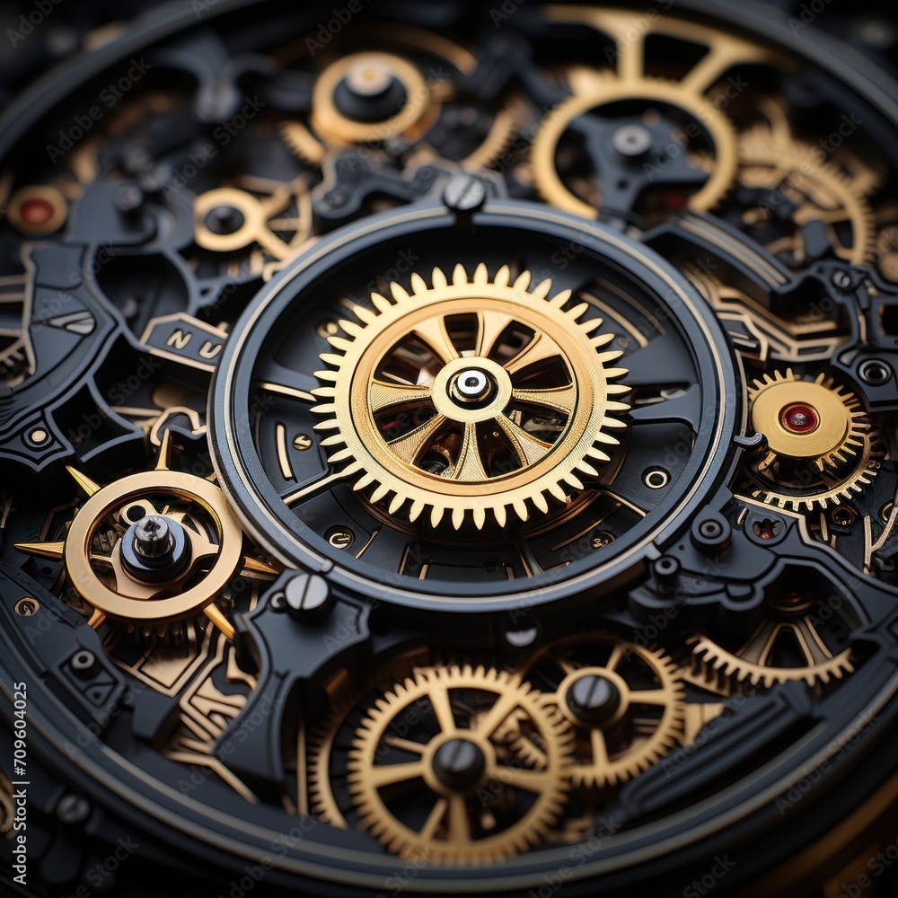 Poster a close up of a black and gold clock with gears on it's face and dials on the inside of the clock.