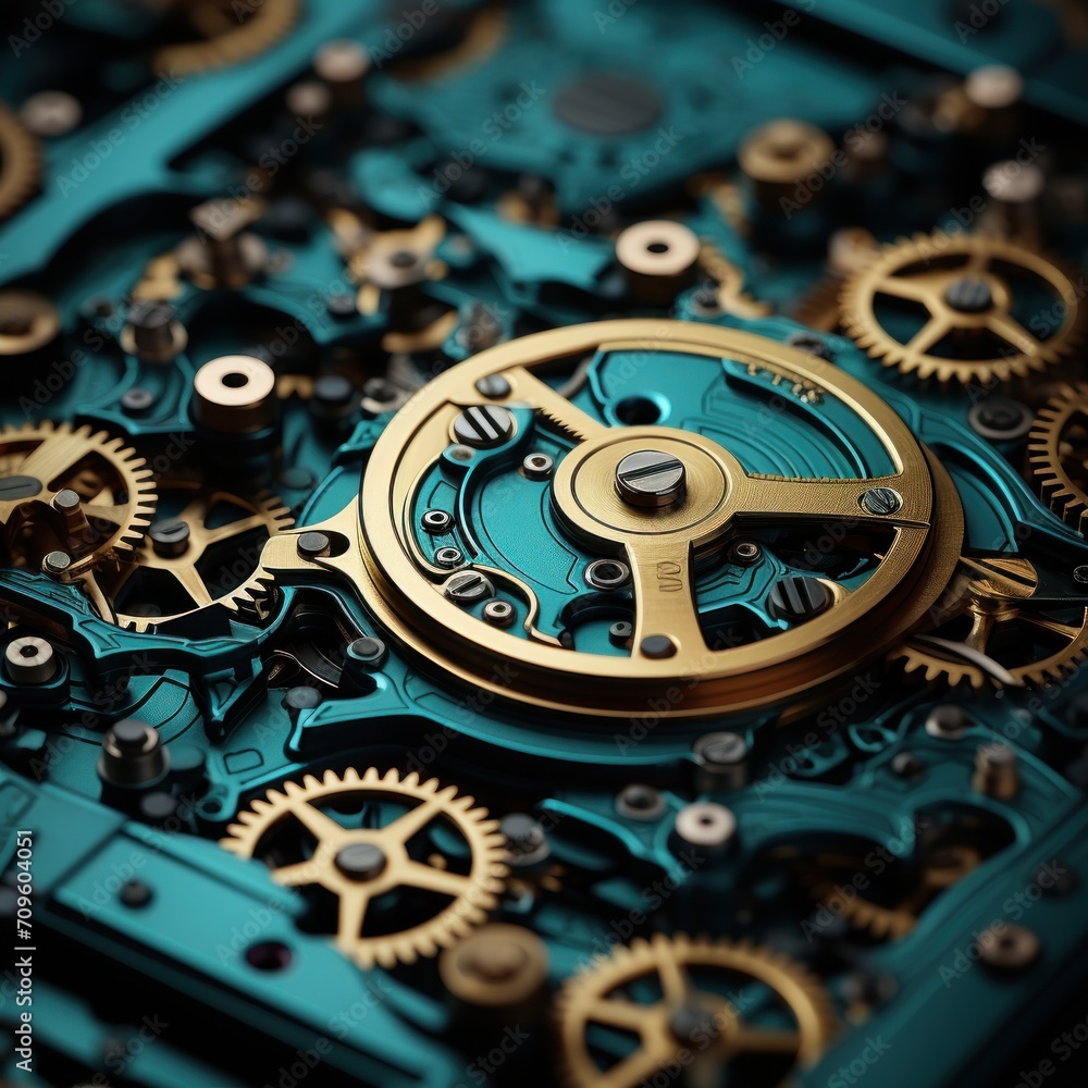 Poster a close up view of a clock with gears on it's face and in the middle of it's movement.