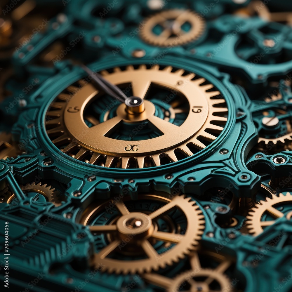 Poster a close up of a clock with gears attached to it's face and a second part of the clock in the backgro
