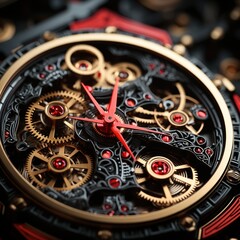  a close up of a watch with a red second hand and a black second hand with a red second hand.